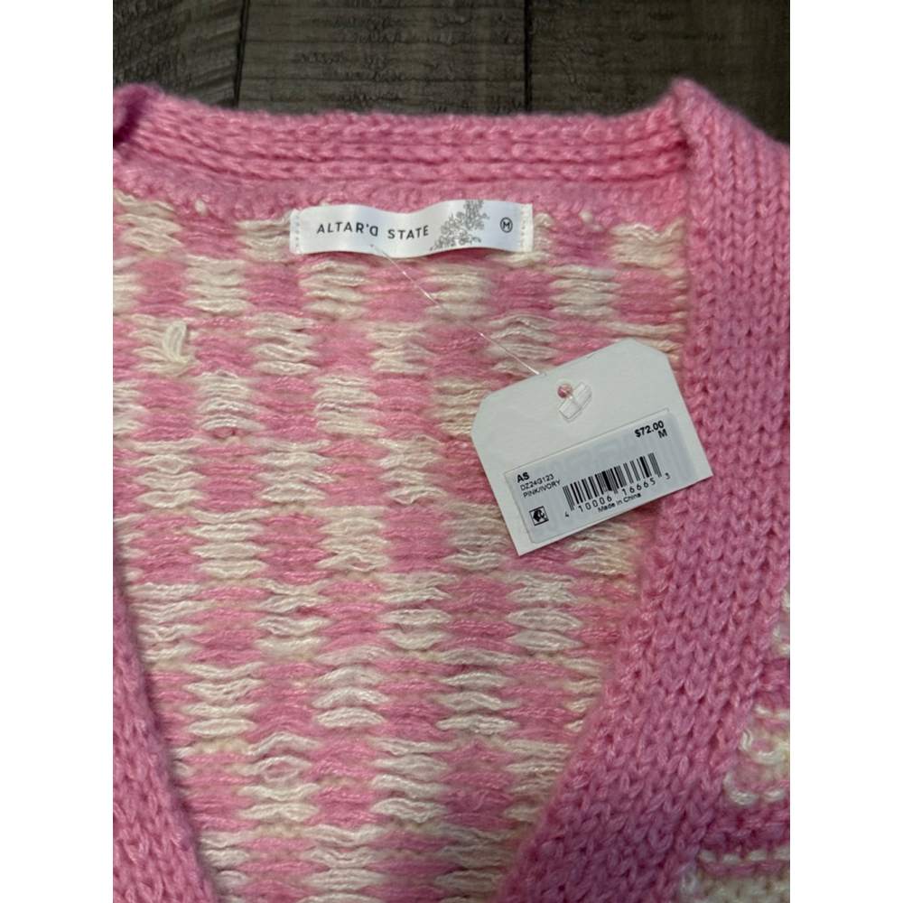 Altar’d State Pink Ivory Checkerboard Stripe Cropped Cardigan Sweater NWT Sz M $ - Picture 3 of 5